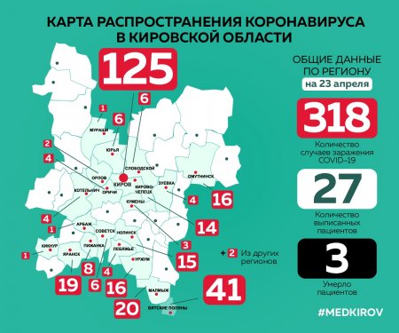 Территории распространения коронавирусной инфекции в Кировской области по состоянию на 23.04.2020