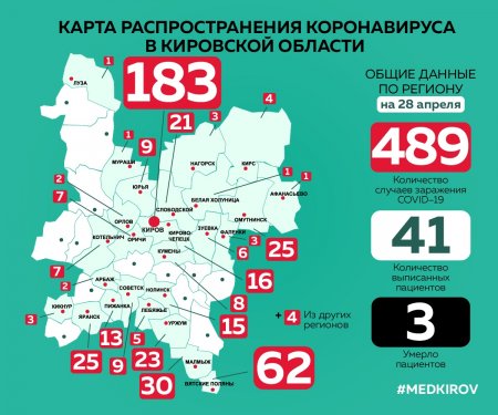 Территории распространения коронавирусной инфекции в Кировской области по состоянию на 28.04.2020