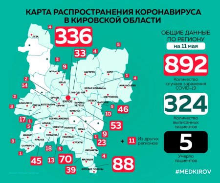 Территории распространения коронавирусной инфекции в Кировской области по состоянию на 11.05.2020