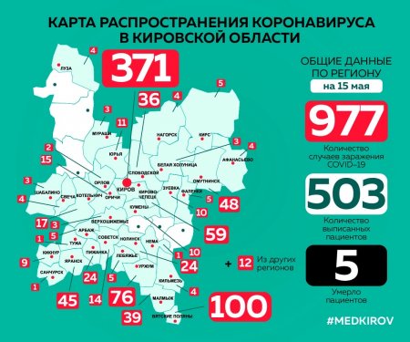 Территории распространения коронавирусной инфекции в Кировской области по состоянию на 15.05.2020