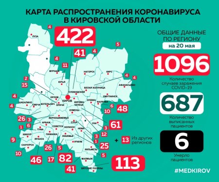 Территории распространения коронавирусной инфекции в Кировской области по состоянию на 20.05.2020