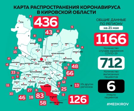 Территории распространения коронавирусной инфекции в Кировской области по состоянию на 21.05.2020