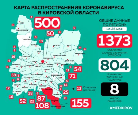 Территории распространения коронавирусной инфекции в Кировской области по состоянию на 25.05.2020