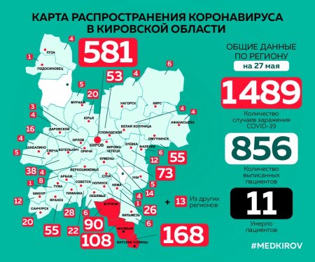 Территории распространения коронавирусной инфекции в Кировской области по состоянию на 27.05.2020