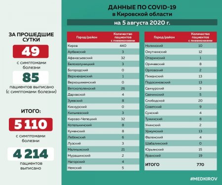 Количество пациентов с COVID-19, протекающим с симптомами вирусной пневмонии, по районам Кировской области на 05.08.2020