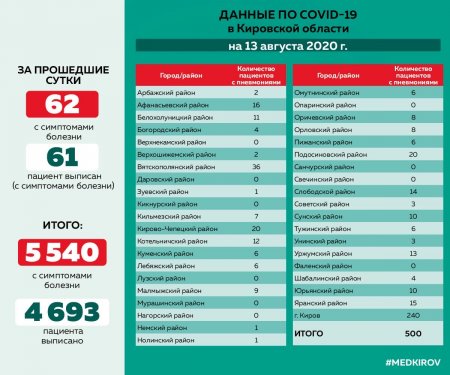 Количество пациентов с COVID-19, протекающим с симптомами вирусной пневмонии, по районам Кировской области на 13.08.2020